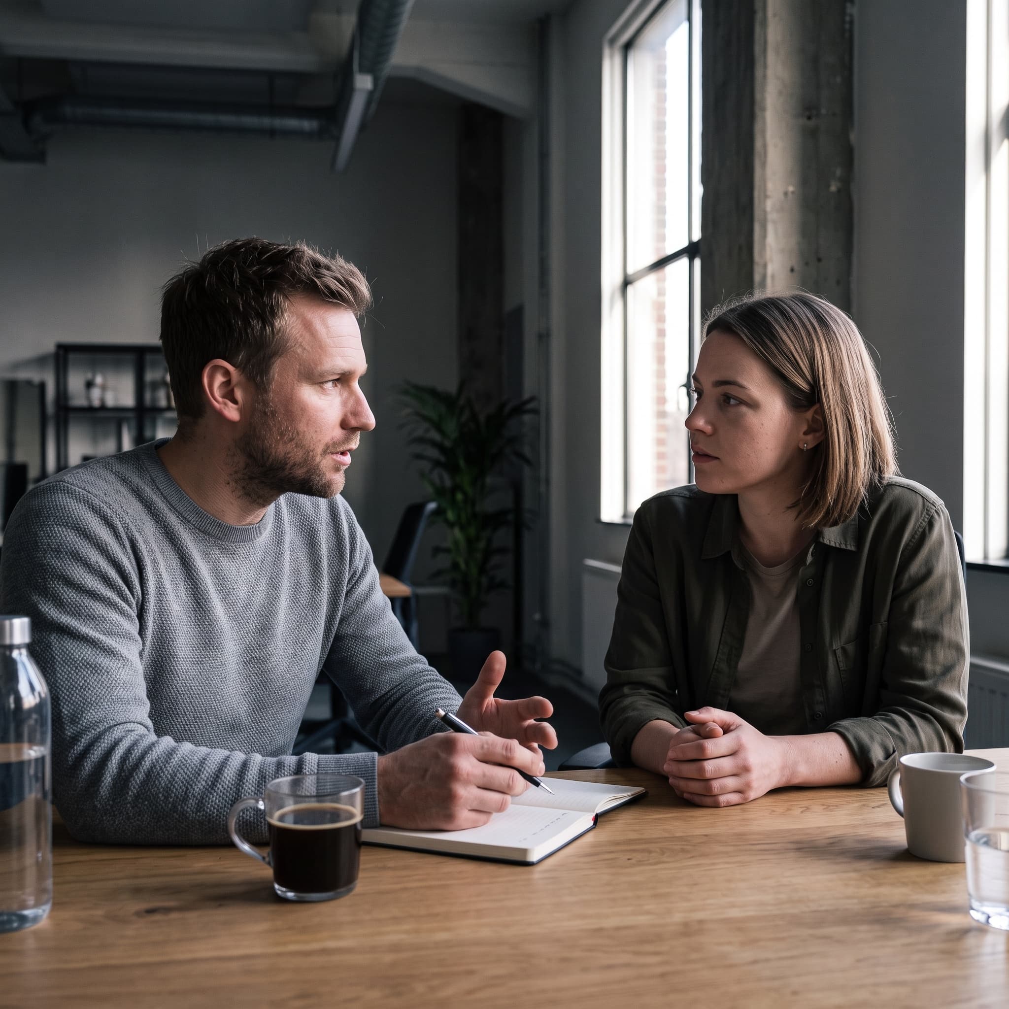 Twee mensen in gesprek aan een tafel, de een legt iets uit, de ander luistert.