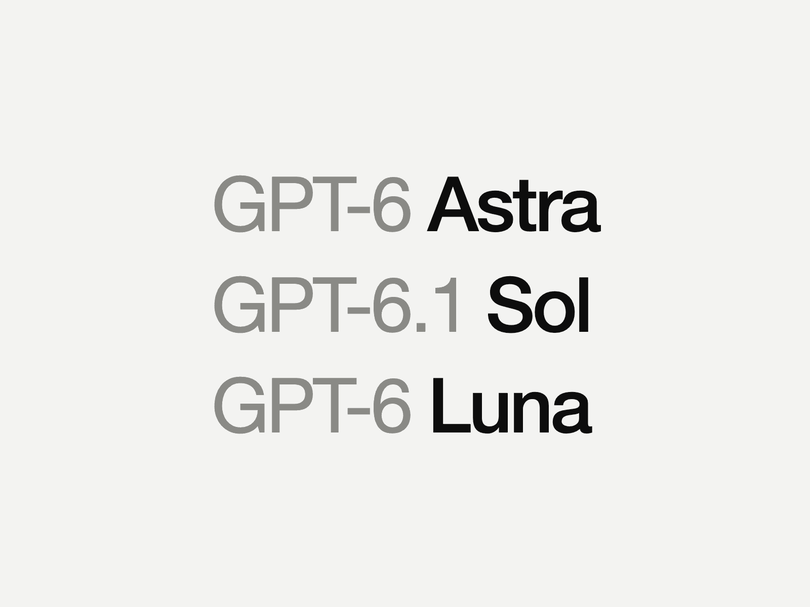 De drie GPT-6-modellen van OpenAI onder elkaar: Astra, Sol en Luna.