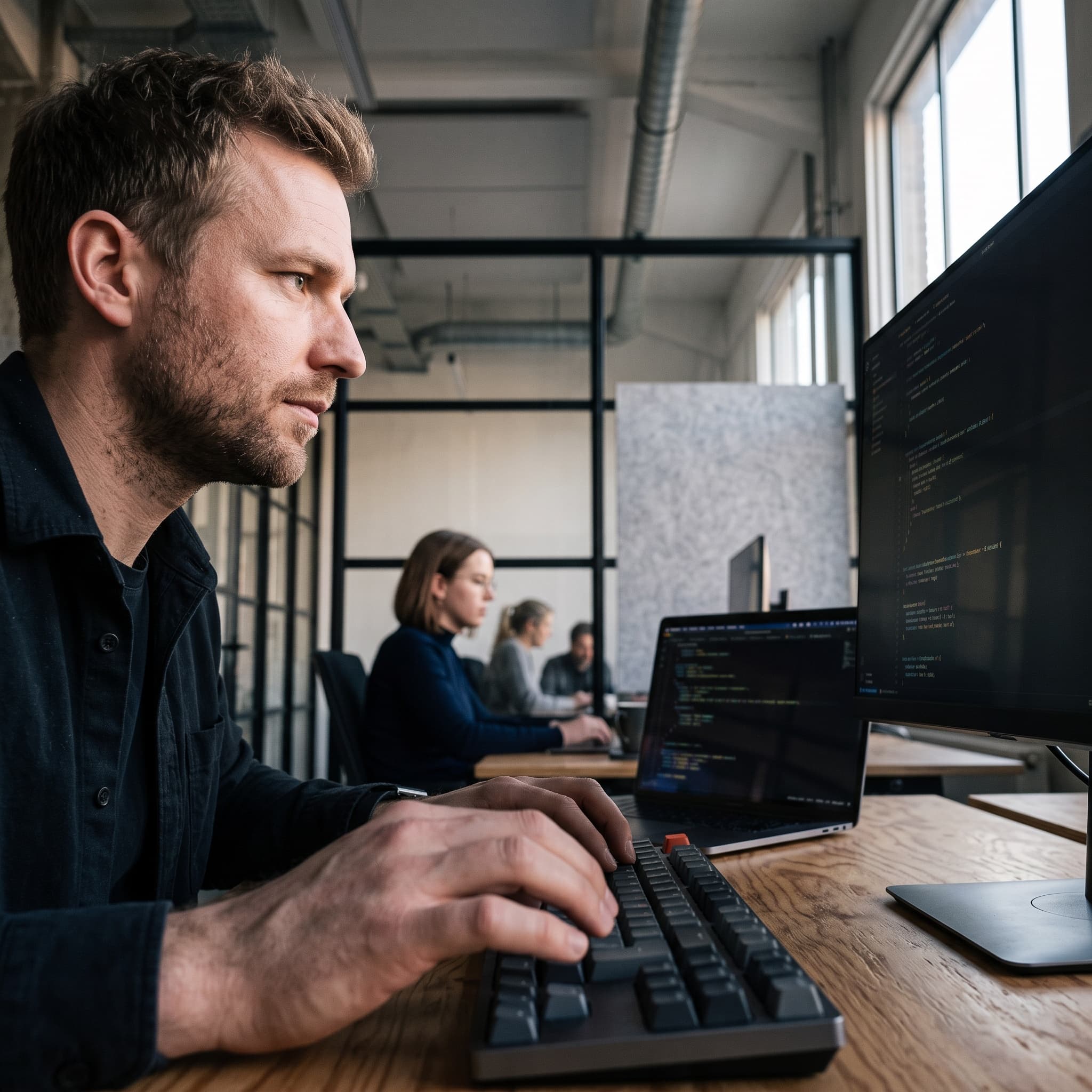Een ontwikkelaar werkt geconcentreerd aan code achter een groot scherm.